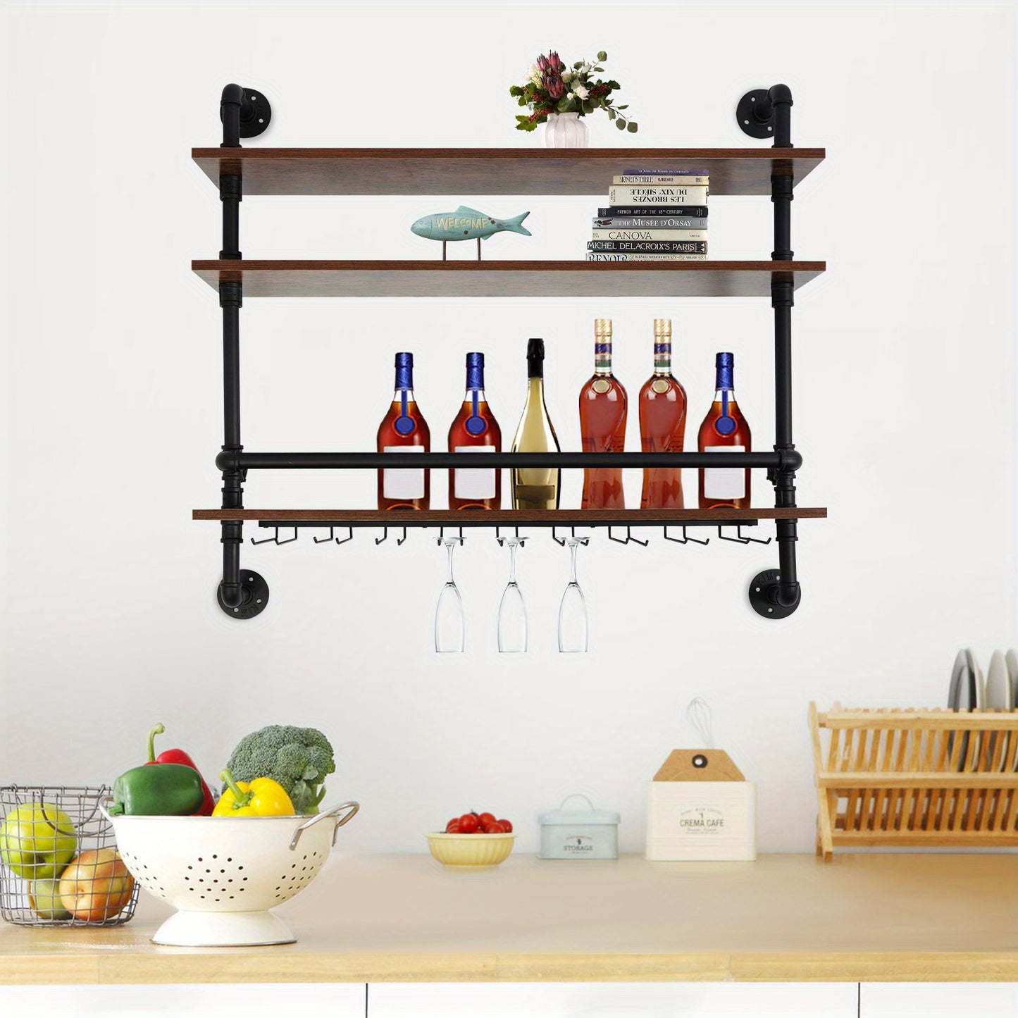 Wijnrek – Flessenrek – Wijnhouder – Wandrek – Wijnopslag – Industrieel Design – Metaal & Hout – Wandmontage – 3 Niveaus – Veiligheidsrand