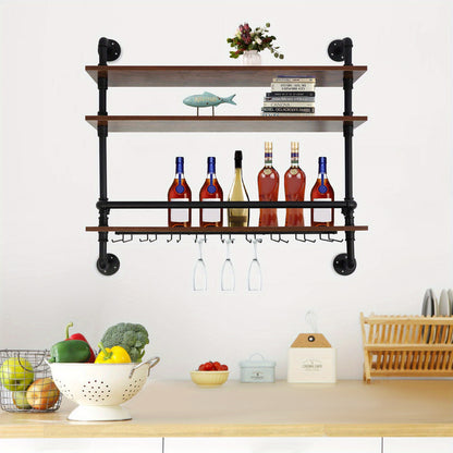 Wijnrek – Flessenrek – Wijnhouder – Wandrek – Wijnopslag – Industrieel Design – Metaal & Hout – Wandmontage – 3 Niveaus – Veiligheidsrand