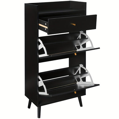 Schoenenkast – Schoenenrek – Schoenenopberger – Halkast – Schoenenbankje – Zwart Rattan Look – 2 Deuren Met Lade – 60 cm Breed – Zonder Achterpaneel