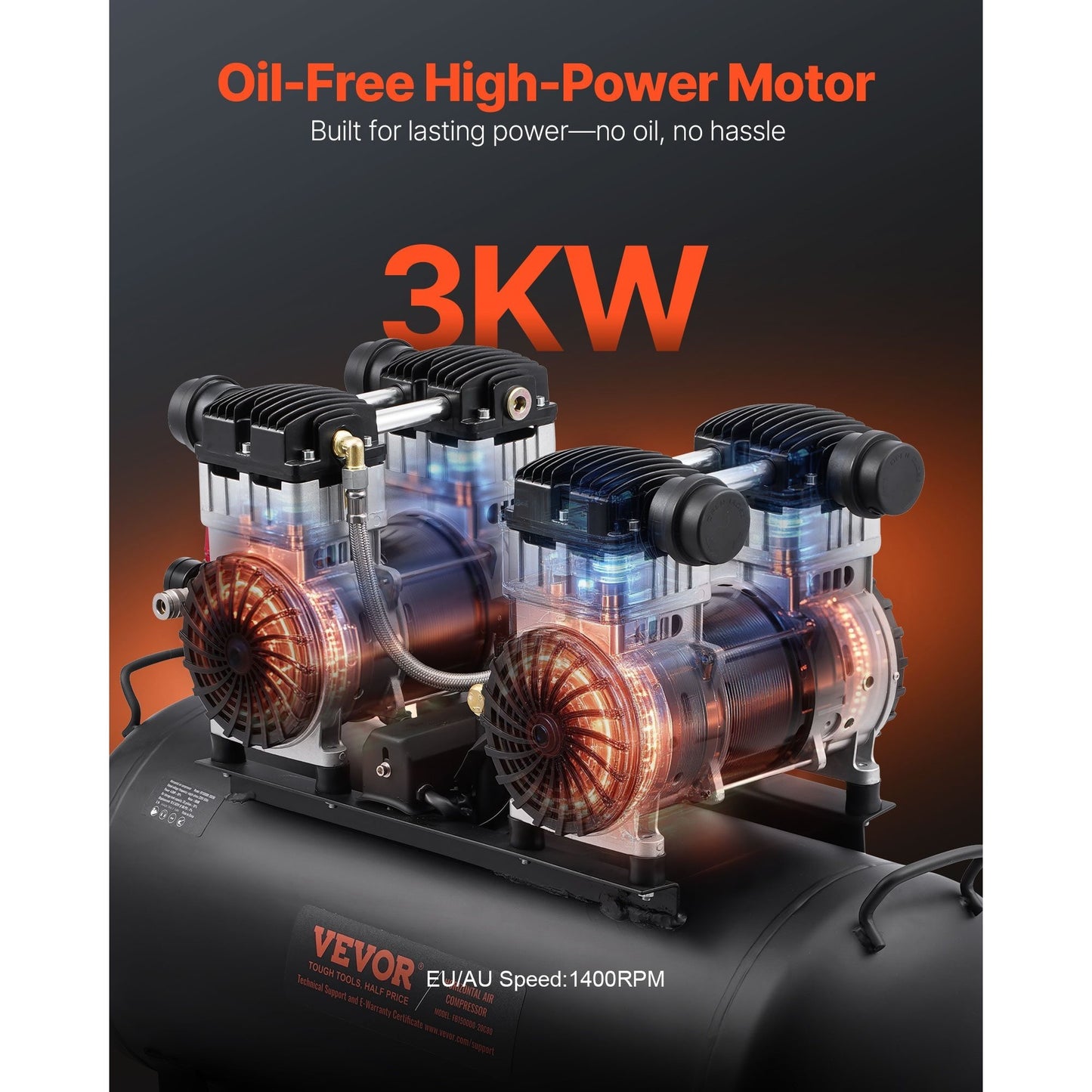 Luchtcompressor – Compressor – Pneumatische Compressor – Airpump – Compressor Machine – Zwarte Variant – Oli-vrije 3 kW Motor – 20 Gallon 90 PSI Reservoir
