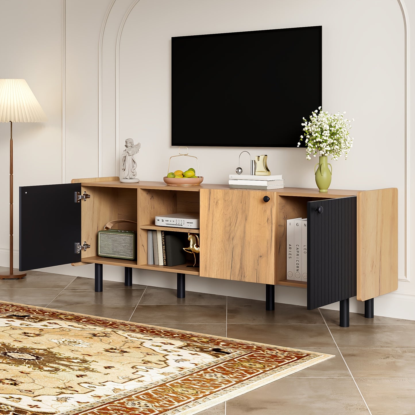 TV-kast – TV-meubel – TV-dressoir – Opbergkast – Mediameubel – Modern Design – 160 cm Zwart – Drie Deuren & Twee Compartimenten
