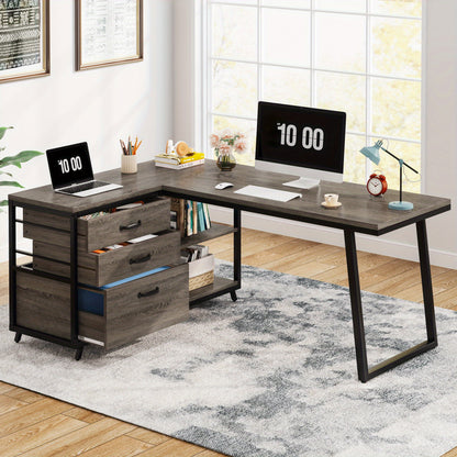 Hoekbureau – L-vormig Bureau – Computerbureau – Schrijftafel – Werkplek Bureau – Omkeerbaar Ontwerp – 3 Lades & Opbergruimte – Industrieel Grijs – 134,6 cm Breed