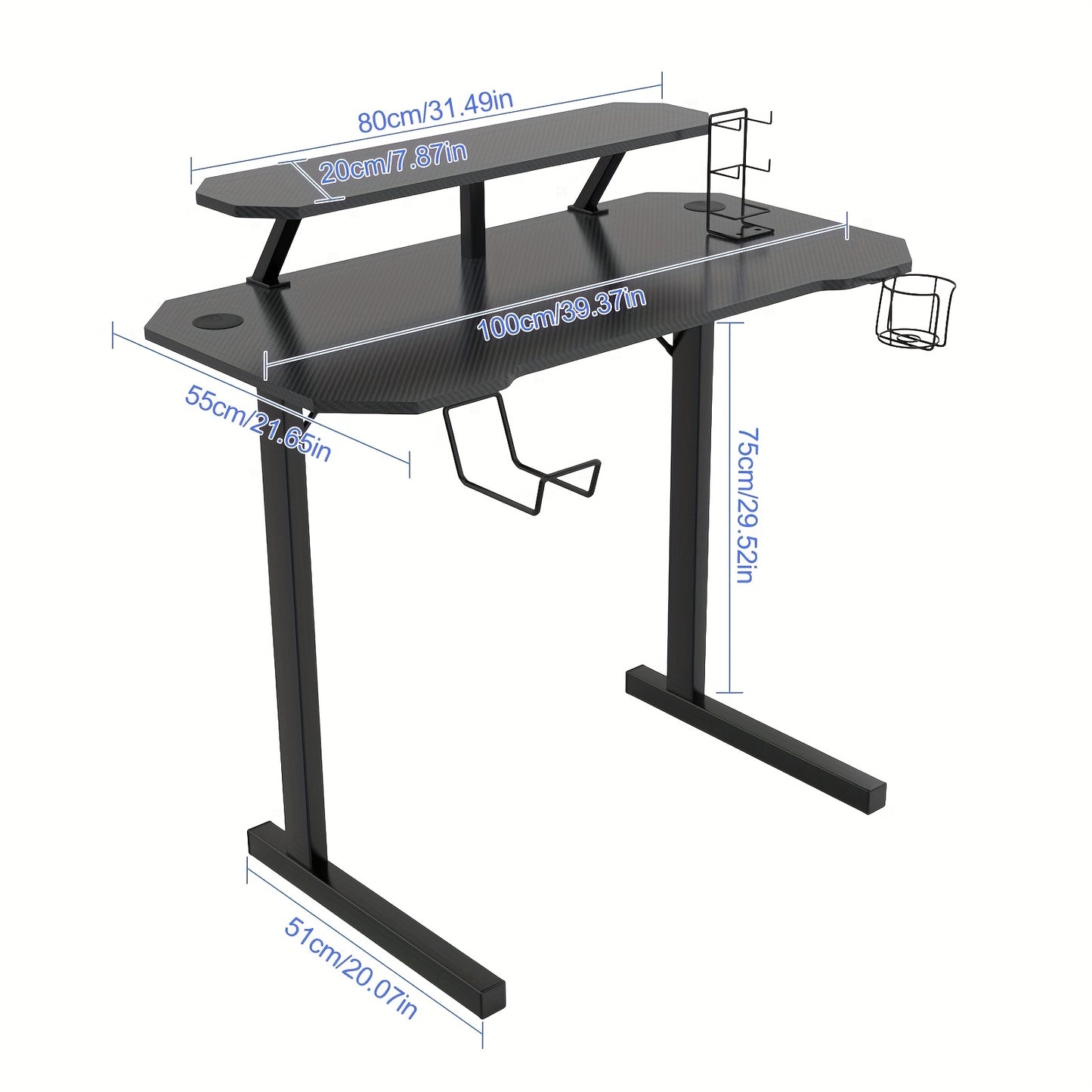 Professional Gaming Table with 80cm Display Stand, 100 x 55 x 74cm, Extra Large Modern Ergonomic Black PC Carbon Fiber Desktop Gaming Workstation with Cup Holder and Headphone Hook