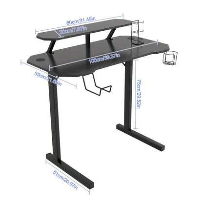 Professional Gaming Table with 80cm Display Stand, 100 x 55 x 74cm, Extra Large Modern Ergonomic Black PC Carbon Fiber Desktop Gaming Workstation with Cup Holder and Headphone Hook