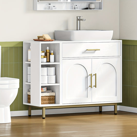Badkamerkast – Badkamermeubel – Wastafelmeubel – Opbergkast – Toiletkast – Wit MDF Hout – Verstelbare Planken & Wisselbare Montagezijde