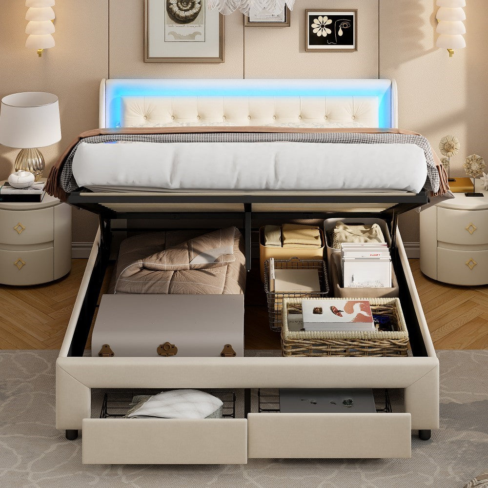 Bedframe – Tweepersoonsbed – Gestoffeerd Bed – Opbergbed – Lattenbodem – 160x200 cm – Velvet Bekleding – LED Hoofdbord met USB-aansluiting