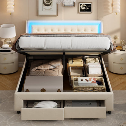 Bedframe – Tweepersoonsbed – Gestoffeerd Bed – Opbergbed – Lattenbodem – 160x200 cm – Velvet Bekleding – LED Hoofdbord met USB-aansluiting