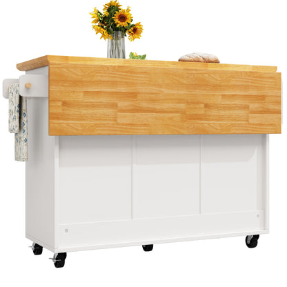White Modern Mobile Kitchen Island Cabinet with Adjustable Shelves, Double Doors & 5 Drawers - Heavy-Duty Metal Construction, Pull-Out Kitchen Cart with Towel Rack & Spice Rack, Rolling Storage Cabinet with Black Legs, Space-