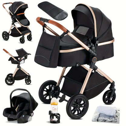 3-in-1 Kinderwagen – Buggy – Combi Stroller – Baby Bed – Wandelwagen – Aluminium Frame – Eén-Klik Inklapbaar – Geschikt Voor Pasgeborenen – Zwart