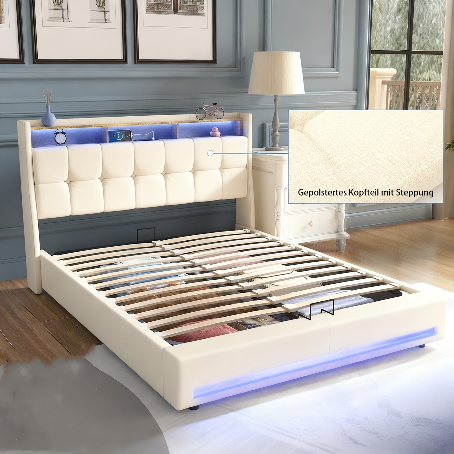 Upholstered Ottoman Bed with Hydraulic Lift & LED Storage Headboard | 140x200cm Double Bed Frame, Grey, Powered, Contemporary Style, Assembled - Oyajia