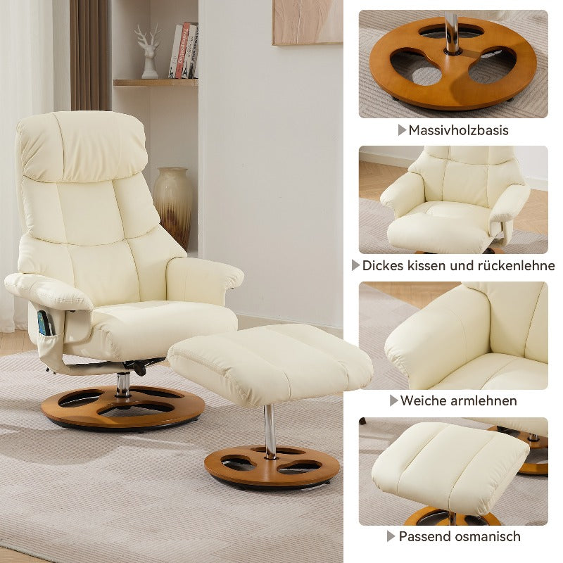 360° Swivel Recliner Chair with Massage & Heat - Heavy-Duty Metal Frame, PU Fabric White Modern Reclining Lounge Chair with Ottoman Footrest, Manual Operation, No Assembly Required, Easy-Clean Surface for Living Room, Home T