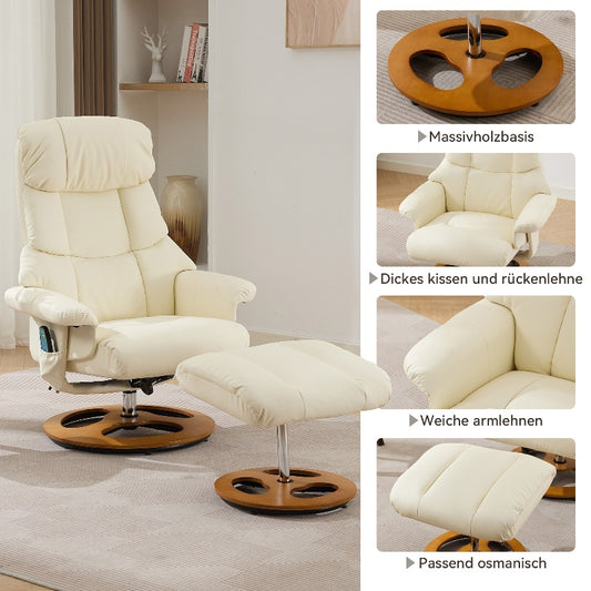360° Swivel Recliner Chair with Massage & Heat - Heavy-Duty Metal Frame, PU Fabric White Modern Reclining Lounge Chair with Ottoman Footrest, Manual Operation, No Assembly Required, Easy-Clean Surface for Living Room, Home T