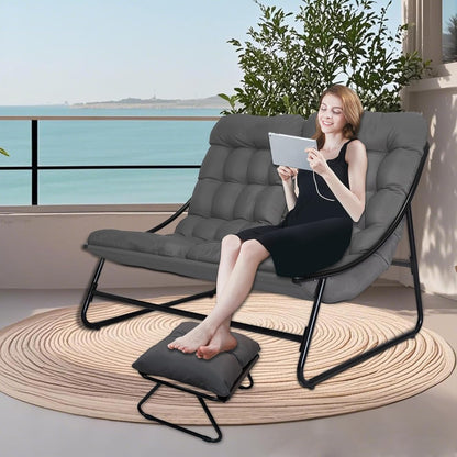 Relaxstoel dubbele relaxfauteuil – Schommelstoel – Loungestoel – Fauteuil – Ligstoel – Ergonomisch met armleuningen – Lichtgewicht en draagbaar – Grijs – Verstelbare rugleuning – Stevig metalen frame