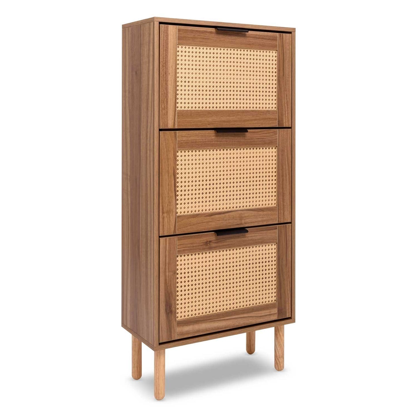 Schoenenkast – Schoenenrek – Schoenopberger – Schoenenmeubel – Schoenenhouder – 3-laags houten kast met rattan – Compact design 55x25x124 cm