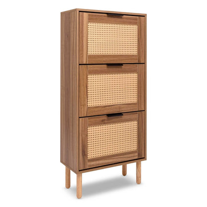 Schoenenkast – Schoenenrek – Schoenopberger – Schoenenmeubel – Schoenenhouder – 3-laags houten kast met rattan – Compact design 55x25x124 cm