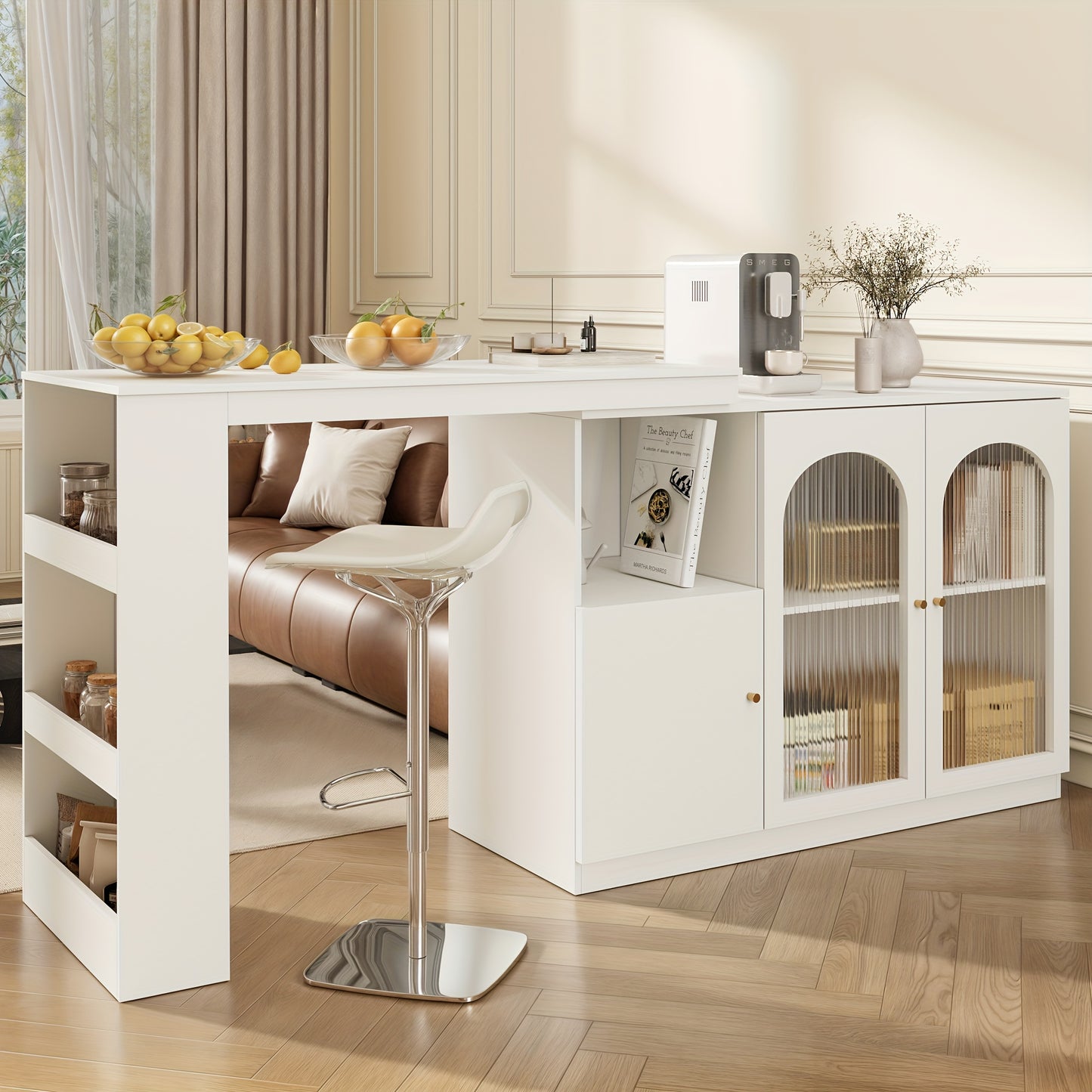 360° Rotating Bar Table - Modern Minimalist White Metal Frame with Glass Door, 120x40x97cm, Multifunctional Storage Cabinet for Dining Room, Kitchen, or Home Office, Space-Saving Design, Easy Assembly, No Power Needed, Kitch