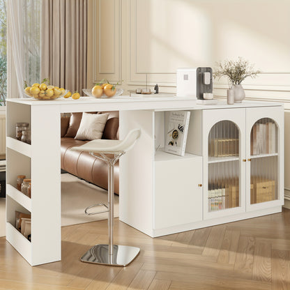 360° Rotating Bar Table - Modern Minimalist White Metal Frame with Glass Door, 120x40x97cm, Multifunctional Storage Cabinet for Dining Room, Kitchen, or Home Office, Space-Saving Design, Easy Assembly, No Power Needed, Kitch