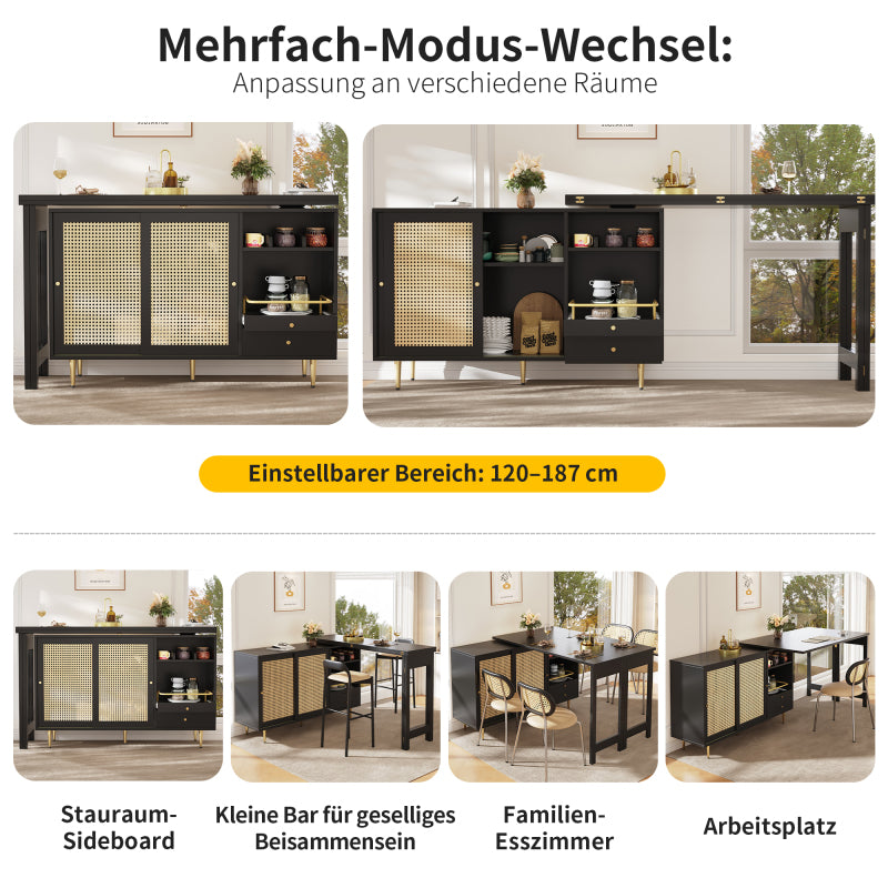 Bartafel – Statafel – Keukentafel – Bistrotafel – Barmeubel – 360° Draaibaar & Uitschuifbaar – MDF Met Rattan Opbergruimte – Zwart Retro Design – Compact Voor Kleine Ruimtes