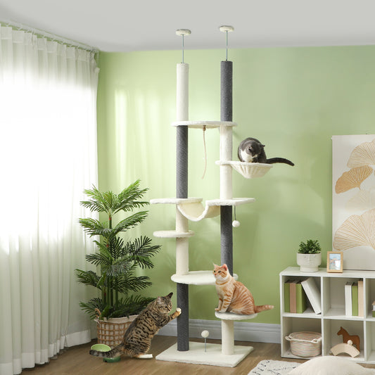 Kattenboom – Kattenmeubel – Klimpaal – Krabpaal – Kattenhuis – Verstelbaar 225-255 cm – Hangmatten & Platforms – Kantelbescherming – Wit
