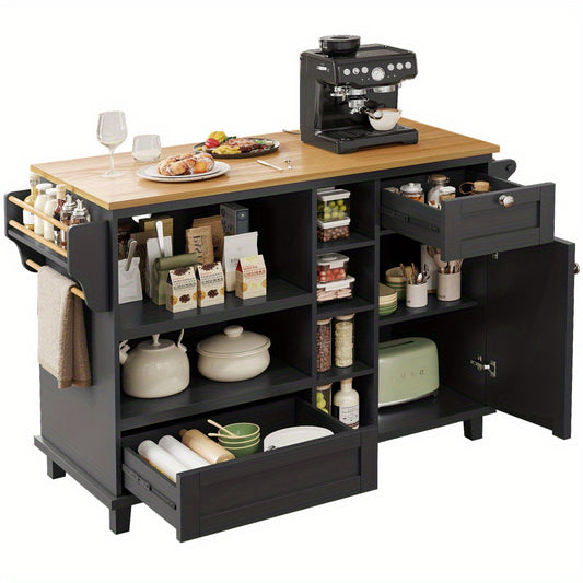 Keukeneiland – Keukenwagen – Keukentrolley – Mobiel Keukeneiland – Keukenkar – Mobiel Opbergrek – Wieltjes – MDF Werkblad – 129x46x92 cm – Zwarte Basis met Lichtbruin Werkblad