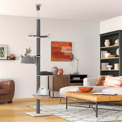 Kattenboom – Krabpaal – Kattentoren – Krabpaal Voor Katten – Kattenhuis – Verstelbare Hoogte 236-271 cm – Stevige Plywood Constructie