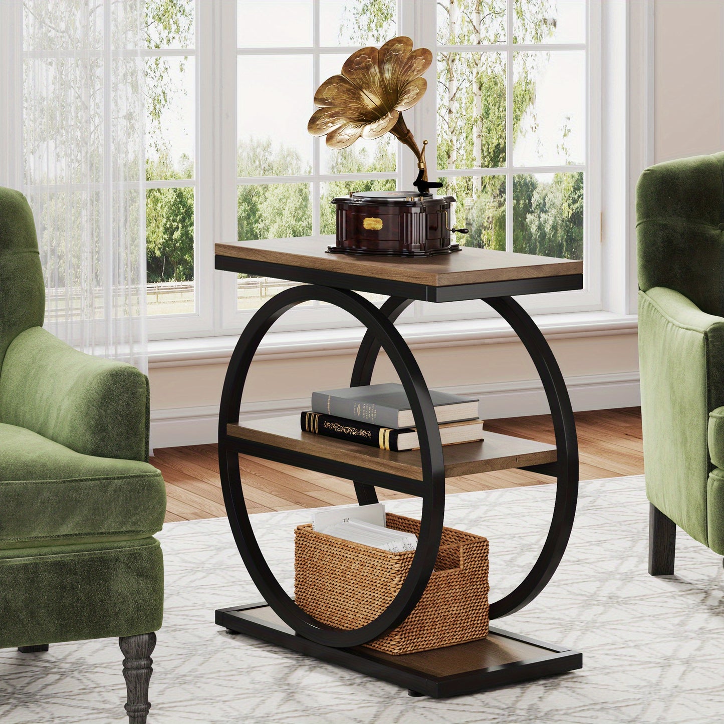 Industrieel Modern 3-Lagen Bijzettafel – Nachtkastje – Opbergbuffet – Sofa Tafel – Smalle Opbergtoren – Stevig Zwart Metaal Frame – Houtnerf Eiken Afwerking