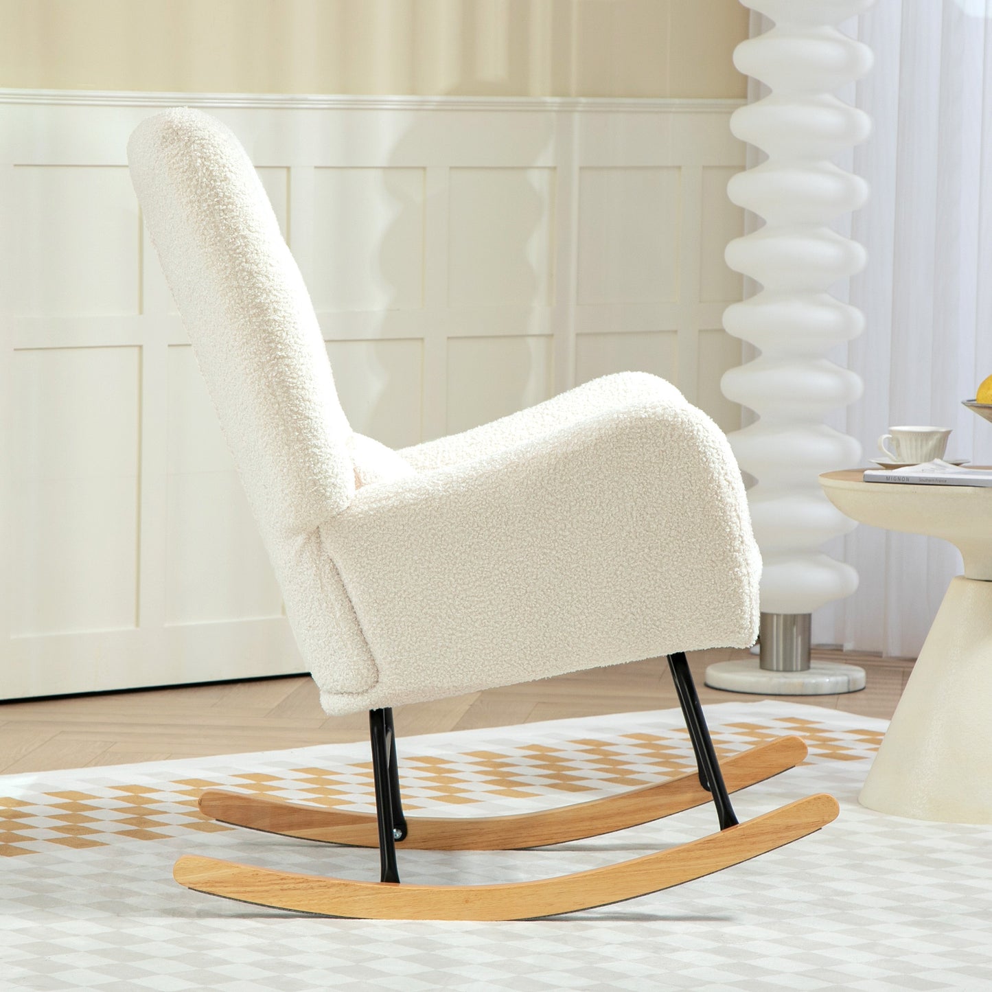 Schommelstoel – Schommelstoel Met Bekleding – Relaxstoel – Wiegstoel – Loungestoel – Crème Wit – Dikke Comfortabele Vulling – Inclusief Lendenkussen