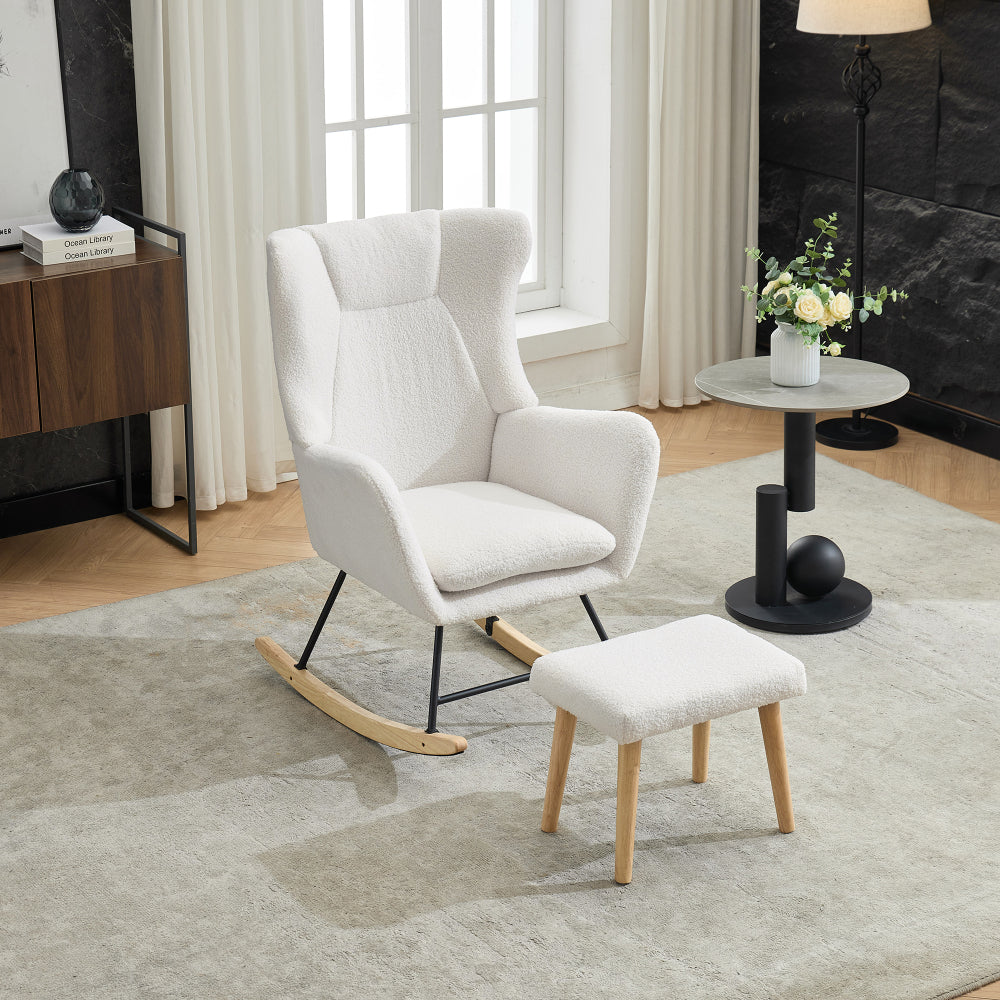 Ergonomic Rocking Chair with Footrest - Heavy-Duty Rubberwood Frame, 30-Degree Recliner, High-Back Lounge Chair with Removable Cushion - Sturdy Rocking Mechanism for Living Room, Home Office, Reading Nook - Easy Assembly & Sp
