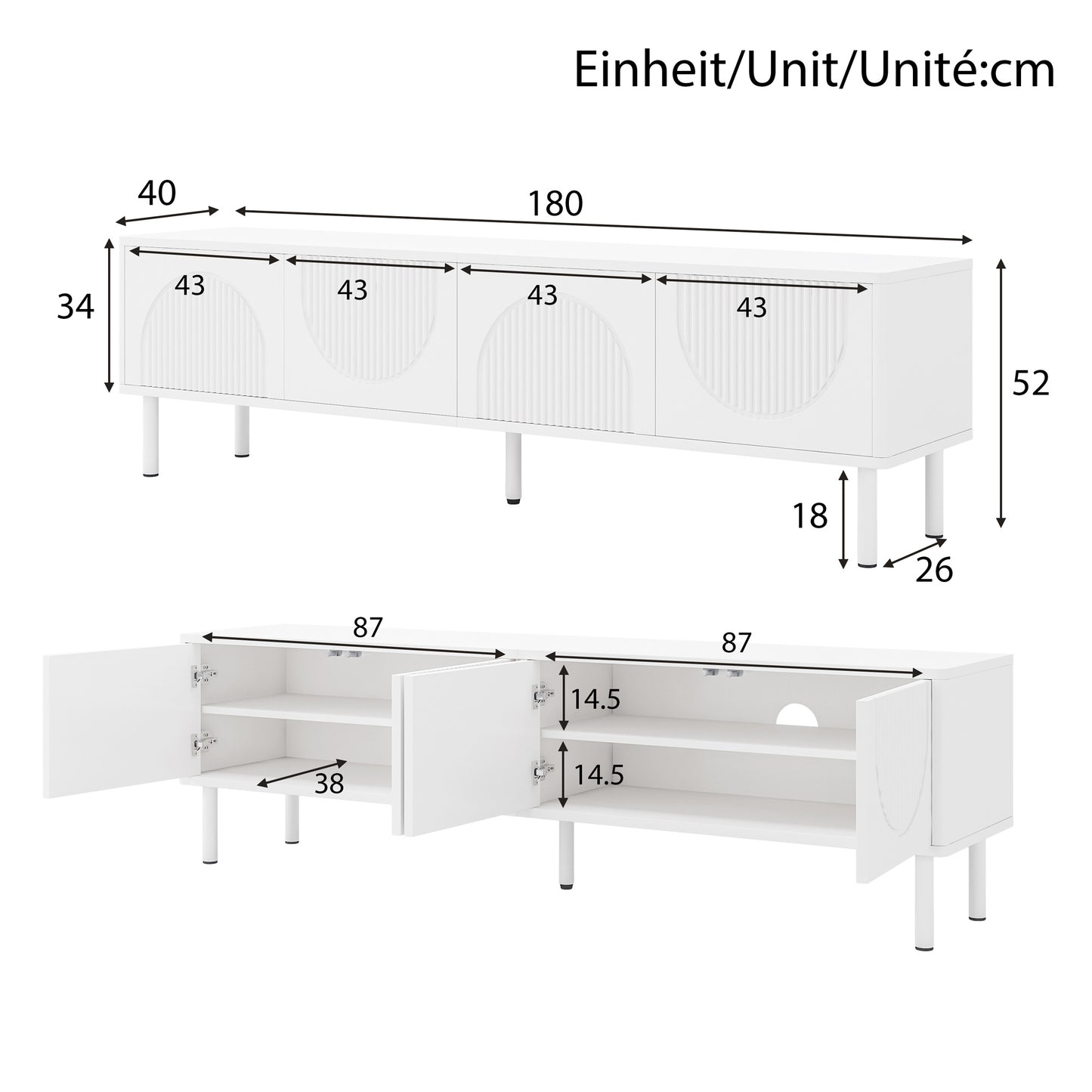 TV-Meubel – Lowboard – TV-Kast – Mediameubel – Opbergmeubel – Mat Wit – 4 Deuren – Kabelmanagement – 180x40x52 cm
