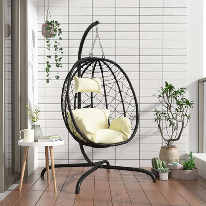 Hangstoel – Schommelstoel – Hangstoel Met Frame – Hangmand – Lounge Stoel – Crème Wit Polyrattan – Staal Frame – Inclusief Comfortkussen