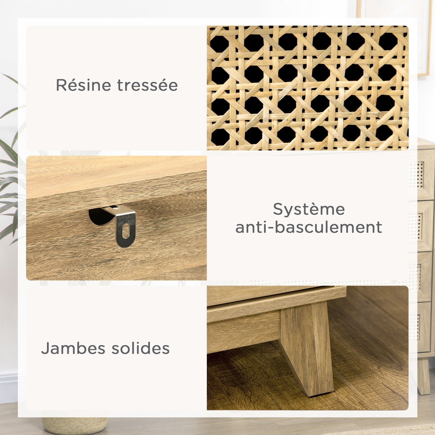 Ladekast – Ladenkast – Dressoir – Opbergkast – Kastje – Hout met Rotan Fronten – 80x35x76 cm – Ruime Opbergruimte