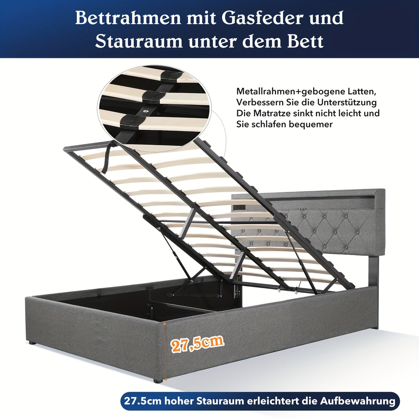 Bed – Tweepersoonsbed – Slaapbank – Ledikant – Boxspring – 160x200 cm – Hydraulische Opbergruimte – Hoofdbord Met LED-Verlichting En Oplaadstation