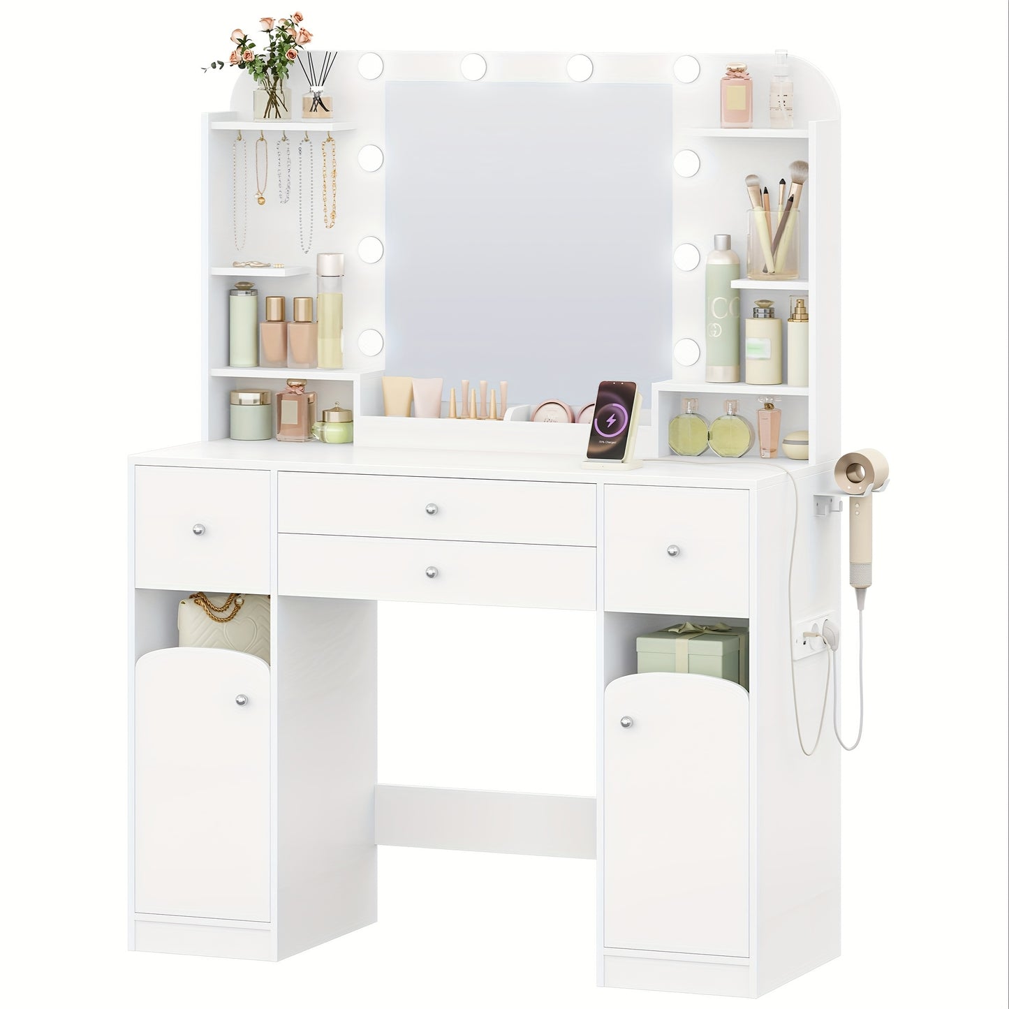 Kaptafel – Make-up Tafel – Vanity Tafel – Cosmeticatafel – Opmaaktafel – Met LED Verlichting – Groot 108 cm Tafelblad – Inclusief Stopcontact En Föhnhouder