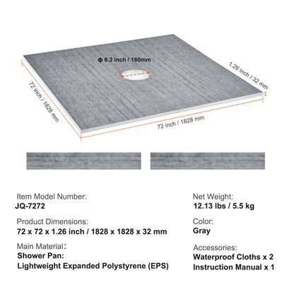 Douchebak – Douchevloer – Doucheplaat – Douchebakken – Douchefundering – Lichtgewicht EPS Materiaal – Waterdicht HDPE Membraan 1828x1828 mm Met Centrale 160 mm Afvoer