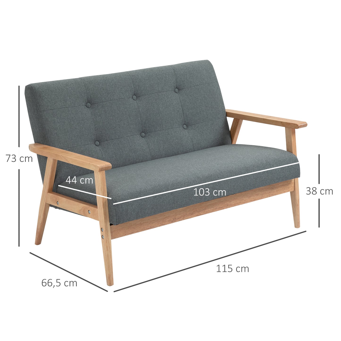 2-zits bank – 2-zits sofa – loveseat – zitbank – tweezitsbank – compact ontwerp – linnen bekleding – rubberwood frame – grijs