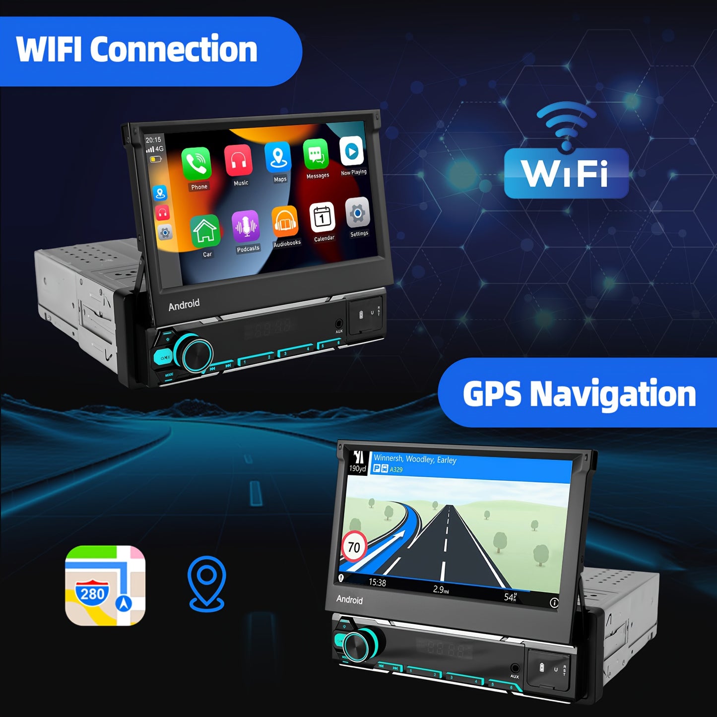 Autoradio – Car Stereo – Multimedia Speler – Single DIN Radio – Auto Entertainment – 7 Inch Uitklapbaar IPS-Scherm – Draadloze CarPlay & Android Auto