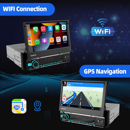 Autoradio – Car Stereo – Multimedia Speler – 1 DIN Radio – Auto Audio – Android 14 – 7 Inch Uitschuifbaar IPS Scherm – Draadloze CarPlay & Android Auto