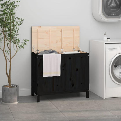 Wasmand – Wasbox – Wassorteerder – Waszak – Opbergmand – Massief Grenenhout – 3 Compartimenten Met Uitschuifbare Laden – Zwart – 88,5x44x76 cm – Klassiek Design