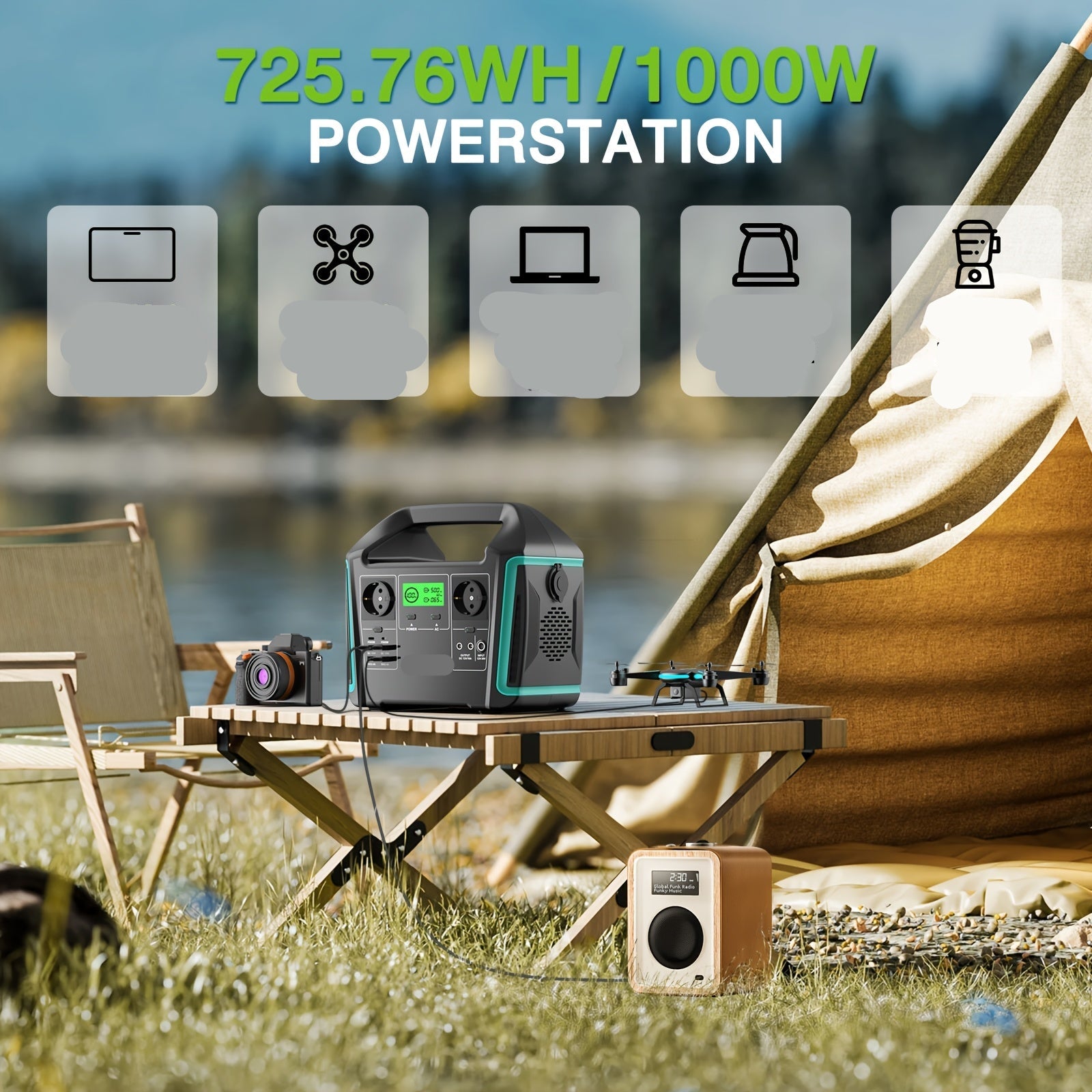 Draagbare Powerstation – Powerbank - Mobiele Accu – Noodstroom – Camping Generator – 725 Wh Batterij – 1000W Output - QUORE