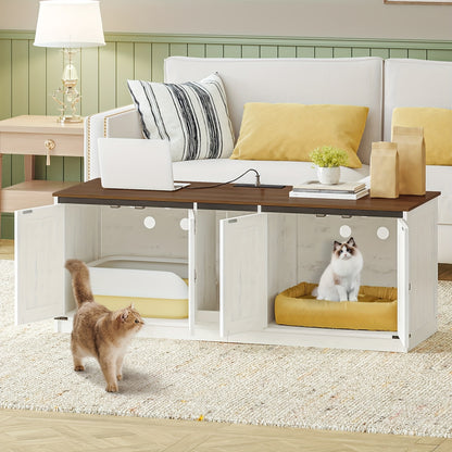 Kattenmeubel – Kattenkast – Kattenbakmeubel – Kattenhuis – Kattenbak Kast – Voor 2 Katten – Met Stopcontacten en USB-poorten – 140 cm – Bruin-Wit