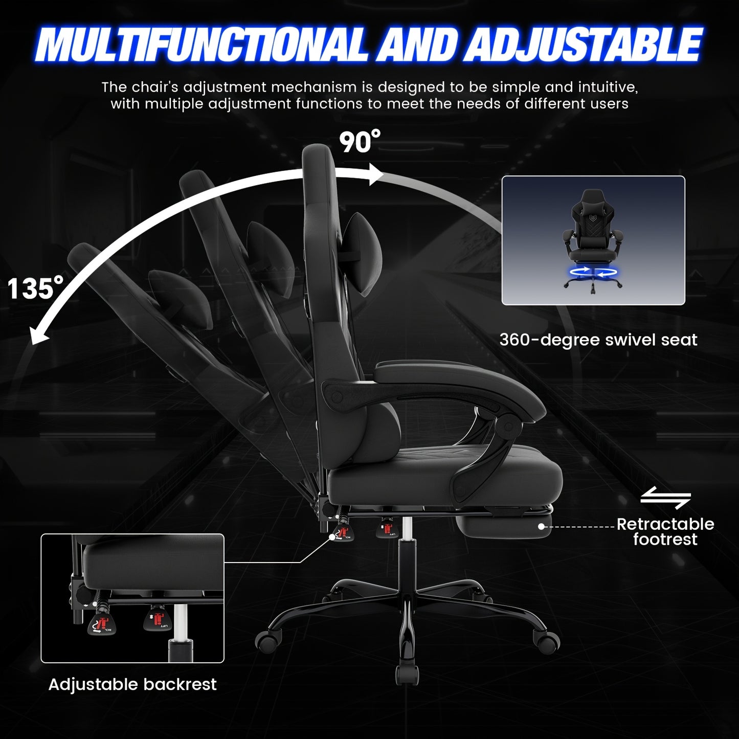 Gamingstoel – Gamestoel – Gaming Chair – Gamestoel Bureaustoel – Ergonomisch Design – Verstelbare Rugleuning 90°-135° – Inklapbare Voetensteun – PU-Leder Grijs