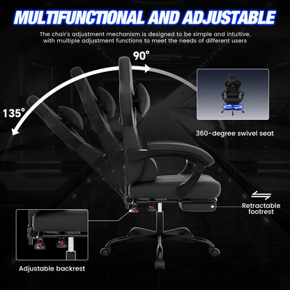 Gamingstoel – Gamestoel – Gaming Chair – Gamestoel Bureaustoel – Ergonomisch Design – Verstelbare Rugleuning 90°-135° – Inklapbare Voetensteun – PU-Leder Grijs