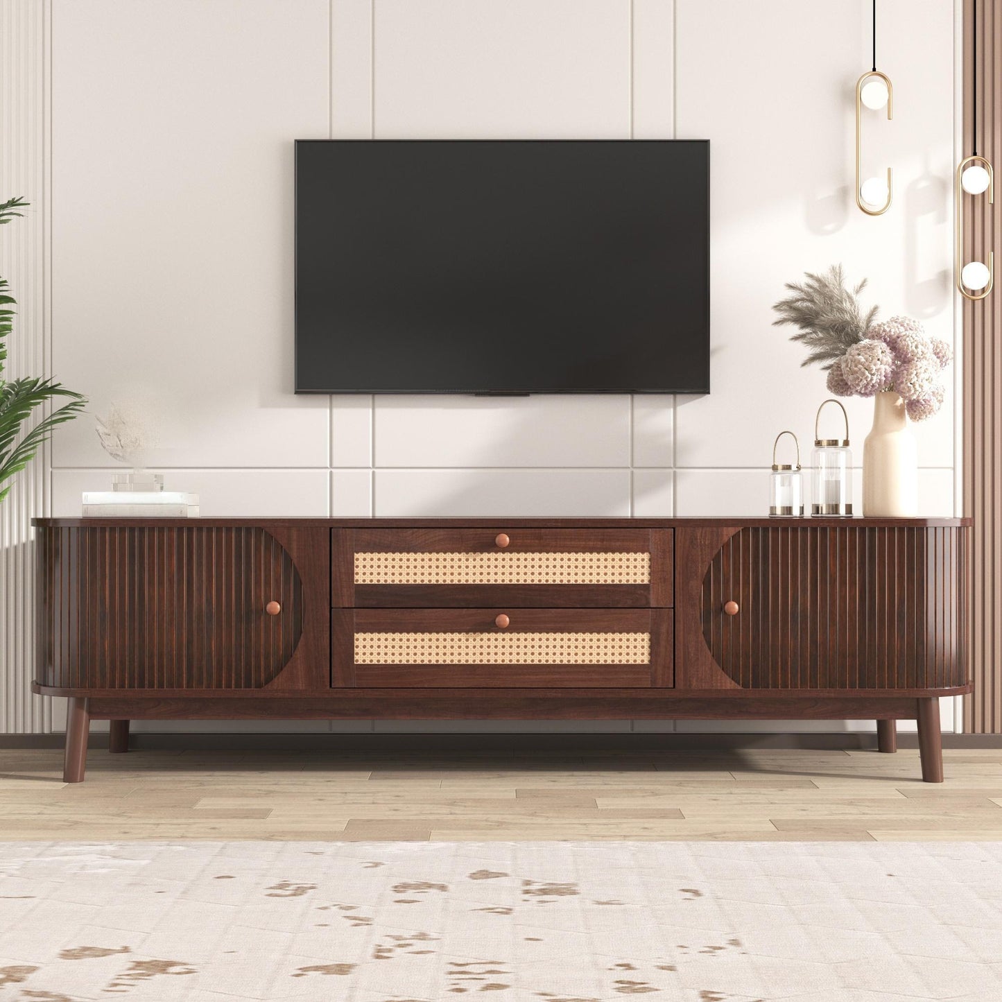 BTM TV Cabinet - Natural Wood Blend TV Stand with Doors and Drawers, Rattan Sides, Storage Solution, Natural Country Style