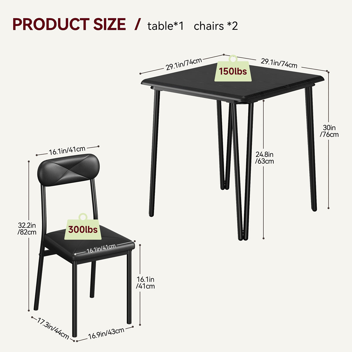 3pcs Compact Dining Table Set for 2 with Upholstered Chairs - Space-Saving Square Kitchen Table & Chairs Suitable for Small Spaces, Apartment, Studio - Modern Metal Furniture (Easy Assembly)