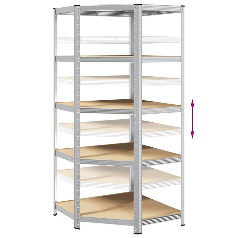 Corner Shelf with 5 Shelves Silver Steel & Wood Material Steel Frame Storage Rack, Garage Storage Rack, Suitable for Living Room, Kitchen, Bathroom, Home, Lobby, Courtyard, Corner Shelves