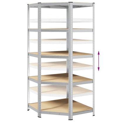 Corner Shelf with 5 Shelves Silver Steel & Wood Material Steel Frame Storage Rack, Garage Storage Rack, Suitable for Living Room, Kitchen, Bathroom, Home, Lobby, Courtyard, Corner Shelves