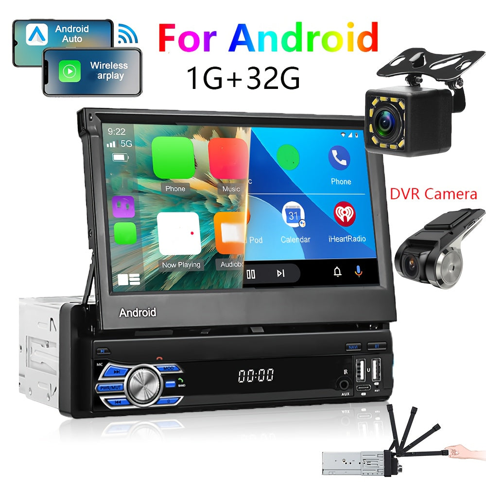 1 DIN Android Autoradio – Auto Media Speler – Navigatiesysteem – Touchscreen Radio – Draadloze CarPlay – 7 Inch Uittrekbaar Scherm – Inclusief Achteruitrijcamera En DVR Camera