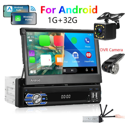 1 DIN Android Autoradio – Auto Media Speler – Navigatiesysteem – Touchscreen Radio – Draadloze CarPlay – 7 Inch Uittrekbaar Scherm – Inclusief Achteruitrijcamera En DVR Camera