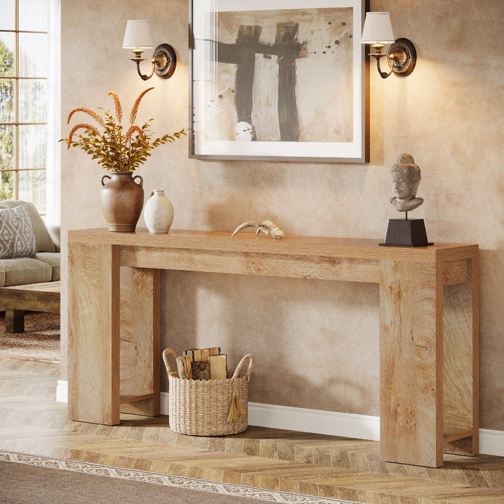63-Inch Extra Long Console Table Suitable for Entryway, Living Room - Modern Farmhouse Sofa Table with Light Oak Brown Engineered Wood Top & Narrow Space-Saving Design, Easy Assembly for Hallway, Apartment, Small Spaces - Dur