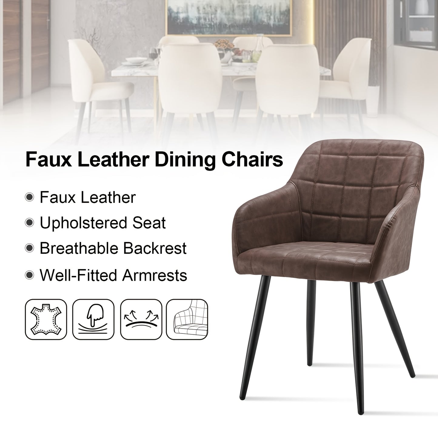 Eetkamerstoelen – Stoelen Met Armleuningen – Kunstleren Stoelen – Design Stoelen – Donkergrijs – Memory Foam Zitting – Stevige Metalen Pootjes